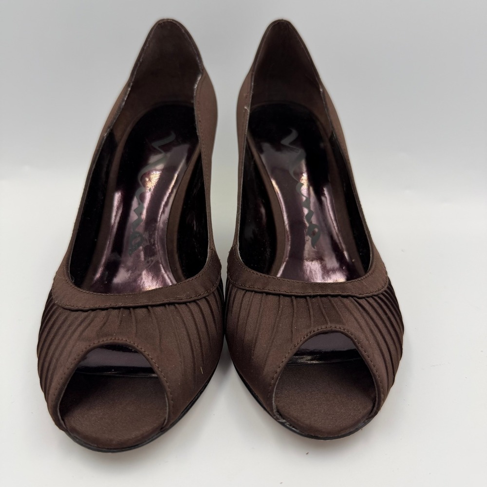 Nina Womens 7.5M Brown Satin Peep Toe Pumps Pleated High Heel Dress Shoes